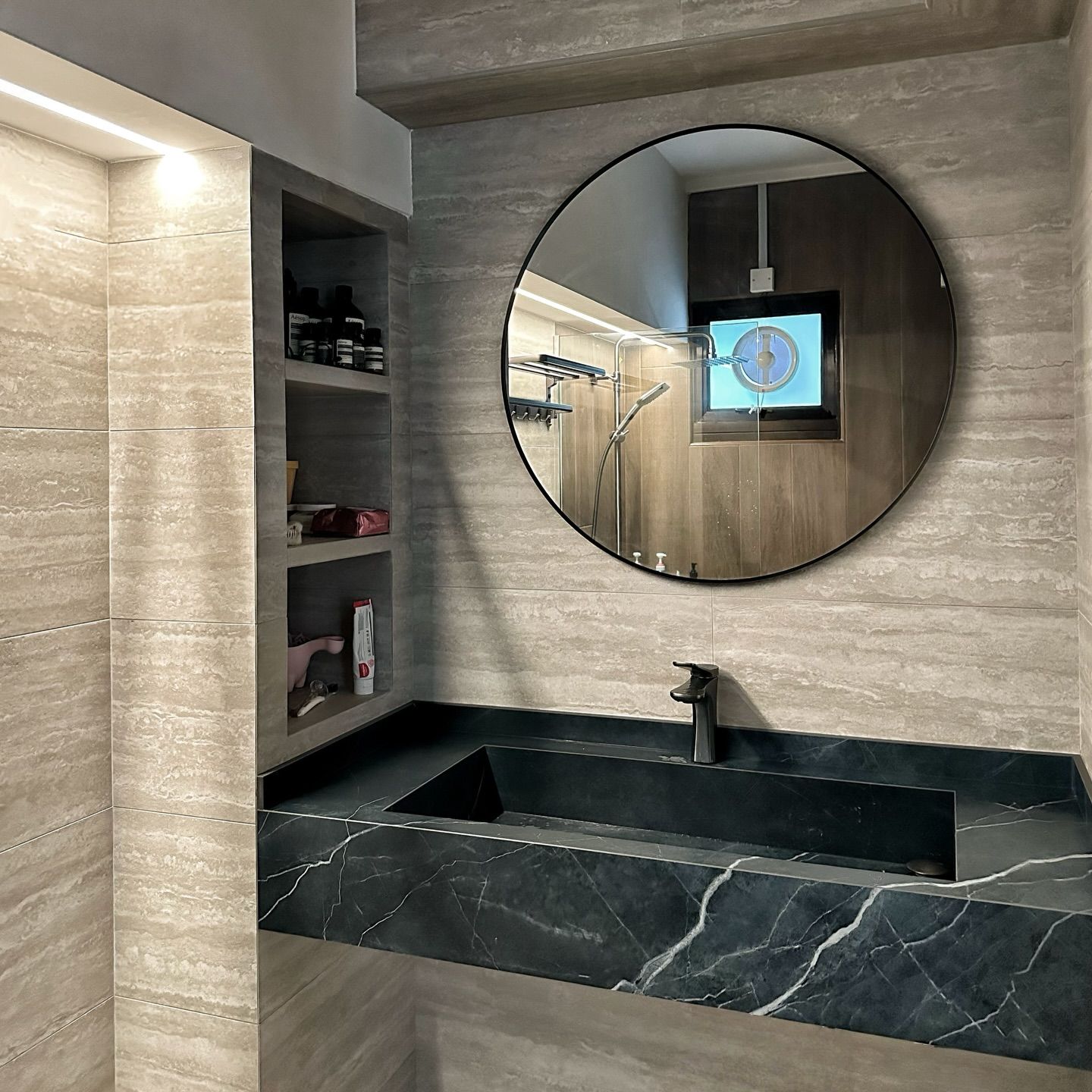 Dark stone bathroom vanity